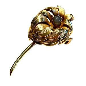 Gold flower brooch texture dimensional mid century blue prong set moonstone bead